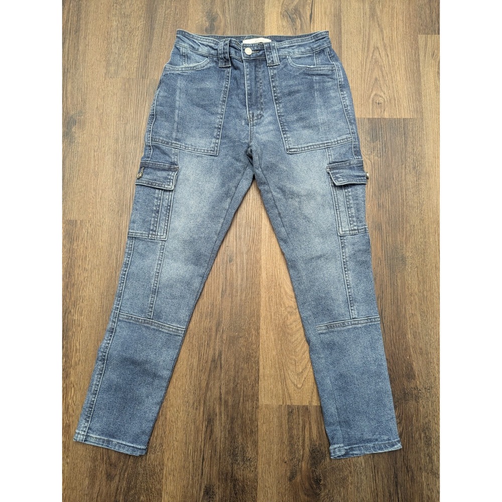 KanCan Womens Jeans 25 Blue Avery Straight Leg Cargo Utility Med‎ Wash Denim